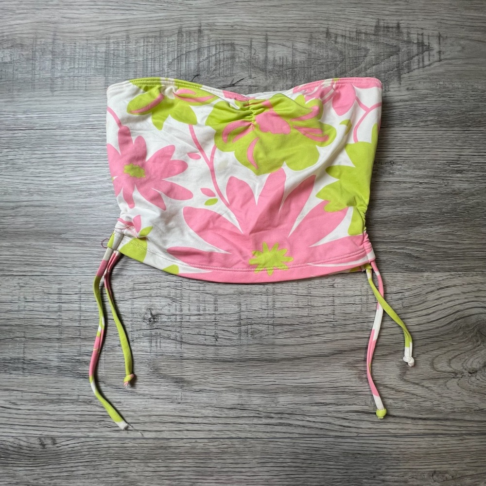 Rampage Swim Tube Top Women Small Pink Green Floral Y2K Ruched Side Ties R202414